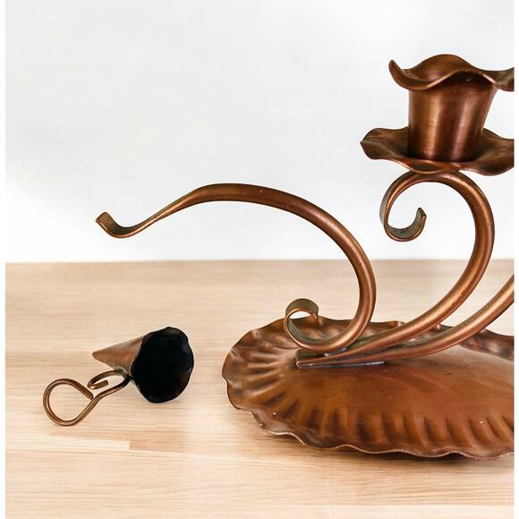 VINTAGE Gregorian Copper Scroll Double Taper MCM Candle Holder w/ Snuffer Decor - Picture 5 of 6